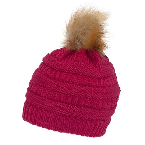 Gravity Threads Cable Knit Faux Fur Pom Pom Beanie Hat - color: Hot Pink