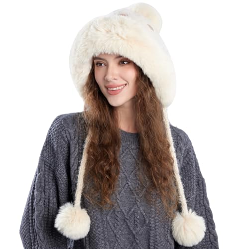 Women Winter Sherpa Beanie Hats Knit Ear Flap Hat Fleece Lined - color: Beige With 3 Pompoms