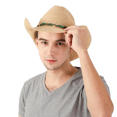 Raffia Straw Cowboy Hat,Women's Crocheted Summer Straw Hats, Classic Beach Sun Hats - color: Natural, size: Large