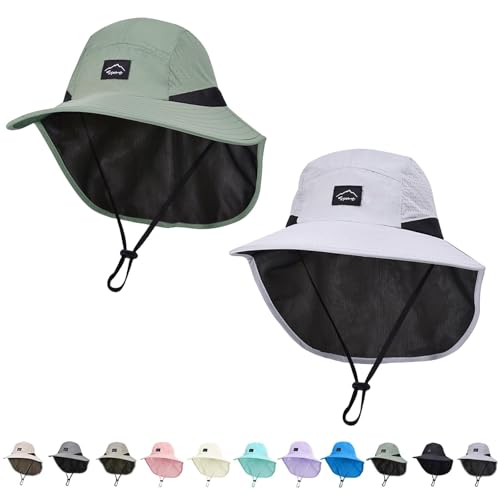 ZOORON Kids Sun Hat with Neck Flap UPF 50+ Beach Hats for Baby Boys Girls - color: 2pack-lightgrey+armygreen