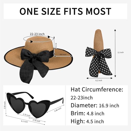 Sun Beach Straw Hats for Women, Summer Wide Brim Hat - color: Khaki Black, size: Large