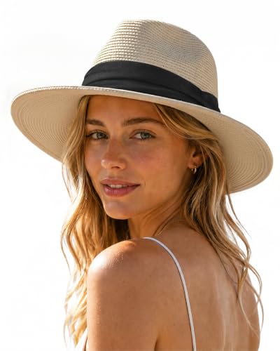 Straw Fedora Panama Hat for Men Women, UPF 50+ Wide Brim Sun Hat, Lightweight Packable Summer Beach Hat - color: Beige, size: Large