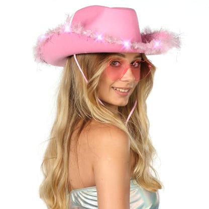 Funcredible Light Up Cowboy Hat and Glasses – LED Cowgirl Hat with Feathers – Cowgirl Costume Accessories for Women - color: Pink