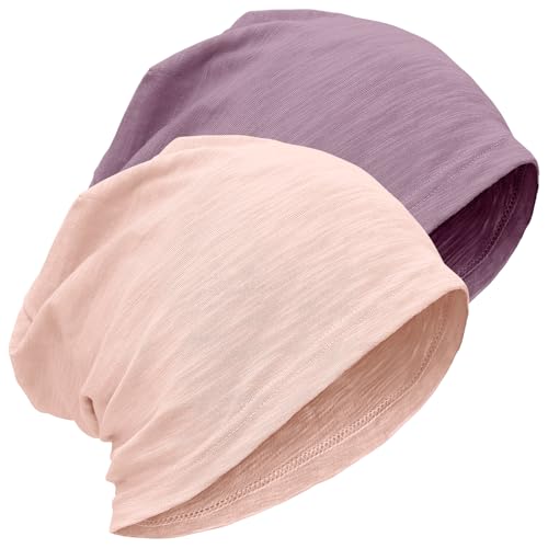 ROYBENS Lightweight 100% Cotton Slouchy Summer Beanie Men Women, Chemo Cap - color: 2pcs Pink + Purple, size: Medium