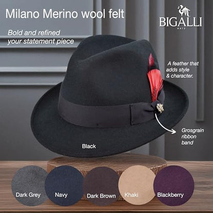 Bigalli Milano Hat Classic Mens Fedora Hat 100% Wool Felt Crushable Center Dent Water Repellent | Grosgrain Ribbon - color: Dark Brown, size: Small