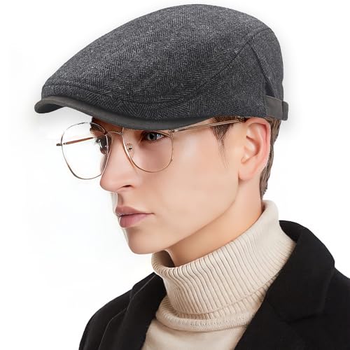 Mens Herringbone Tweed Newsboy Cap Flat Ivy Gatsby Hat Adjustable Cabbie Cap for Women - color: Dark Grey