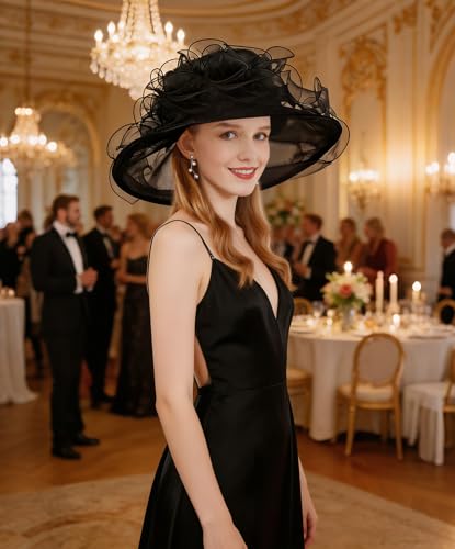 Z&X Organza Church Fascinator Wedding Tea Party Derby Hats for Women Flower Wide Brim Sun Hats - color: 034 Black