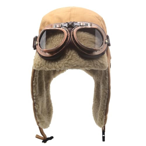 Adults Vintage Aviator Hat Trapper Cap - color: Khaki Hat+clear Lenses