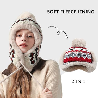 haozaikeji Women Winter Trapper Hat Faux Fur Knit Beanie Hat Thermal Earflap Outdoor Cap Pompom Hats Ushanka Hats - color: Beige