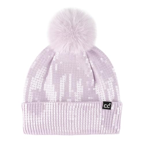 C.C Sequin Pom Beanie for Women - Acrylic Stretchable Soft Warm Knit Winter Skully Hat with Yarn Pom - color: Clear Sequin-lilac