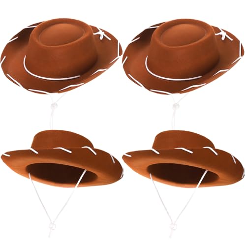Peohud 4 Pack Felt Cowboy Hat for Kids, Small Western Cowgirl Hat, Wide Brim Cowboy Hat with Neck Drawstring, Cosplay Costume Accessories for Halloween Dress Up Party