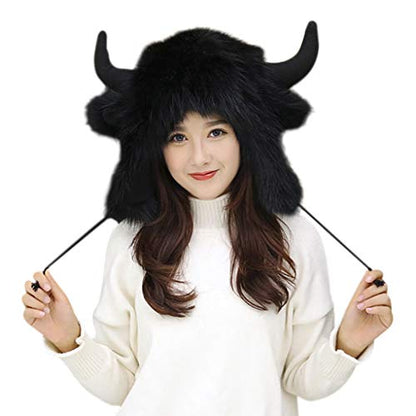 Holiberty Cute Animal Horns Ears Winter Hat Plush Fur Warm Trapper Hat Funny Viking Christmas Halloween Costume Snow Ski Hat - color: Black, With Buffalo Horns