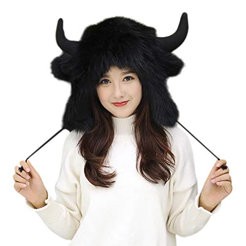 Holiberty Cute Animal Horns Ears Winter Hat Plush Fur Warm Trapper Hat Funny Viking Christmas Halloween Costume Snow Ski Hat - color: Black, With Buffalo Horns