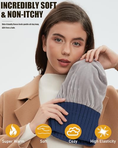 Fleece Lined Wool Beanie Hat Women Men,Winter Knit Chunky Snow Cap - color: 1-navy Blue