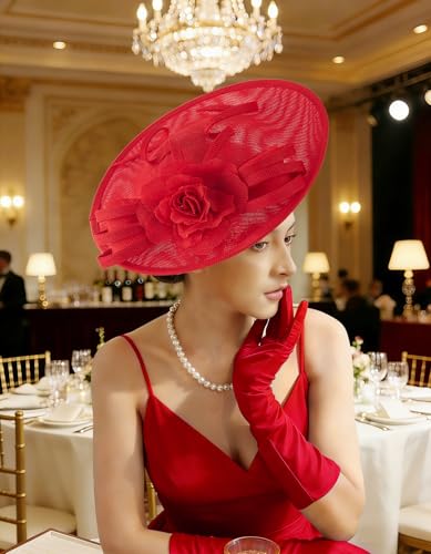 Unpifolov Fascinators Hats Elegant Women Flower Mesh Feathers Wedding Cocktail Bride Headband for Derby Hat Tea Party - color: Red
