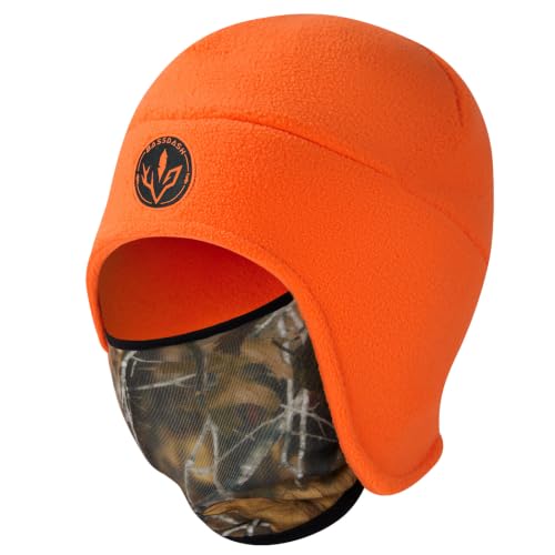 BASSDASH Unisex Soft Fleece 2-in-1 Hat with Mask Ear Flap - color: Orange & Autumn Forest