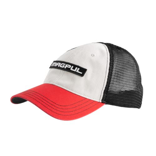 Magpul Trucker Hat Snap Back Baseball Cap, One Size Fits Most - color: Wordmark Garment Washed Stone/Black/Red
