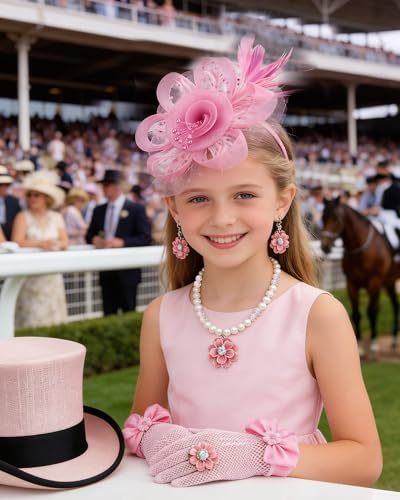 Girls Tea Party Fascinators Hats Girls Church Hats 20s 50s Pillbox Hat Cocktail Mesh Flower Pearl Feather Headband - color: Pink