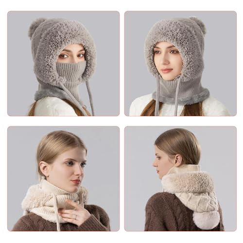 HUAMULAN Women Cable Knit Balaclavas Winter Fleece Lined Beanie Hat - color: Gray With String