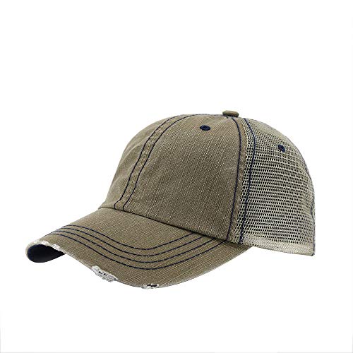The Vintage Year Distressed Cotton Unstructured Soft Mesh Breathable Adjustable Dirty Wash Dad Hat Trucker Baseball Cap - color: Distressed Khaki
