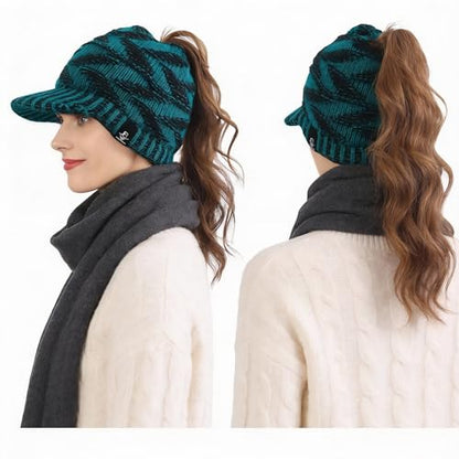 Women's BeanieTail Warm Knit Hat Messy High Bun Ponytail Visor Beanie Cap - color: B341-blue, size: Medium