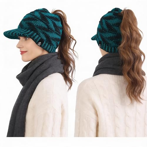 Women's BeanieTail Warm Knit Hat Messy High Bun Ponytail Visor Beanie Cap - color: B341-blue, size: Medium