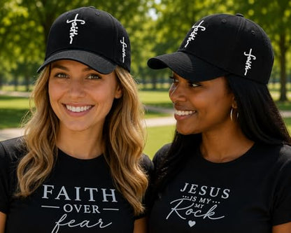 Christian Faith Cross Hats, Embroidered Baseball Caps for Men & Women - color: Black/White