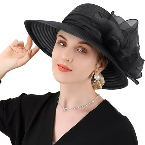 DRESHOW Lady Derby Dress Church Bowler Cloche Hat Bowknot Organza Bridal Cap for Wedding - color: 1 Pack Bowler Hat: Black