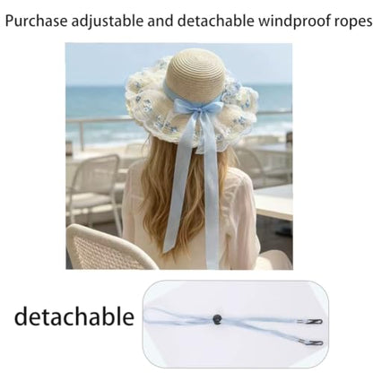 Women's Big Straw Sun Hat Wide Brim with Removable Wind Lanyard Foldable
