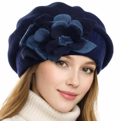 VECRY Lady French Beret 100% Wool Beret Floral Dress Beanie Winter Hat - color: Floral-navy