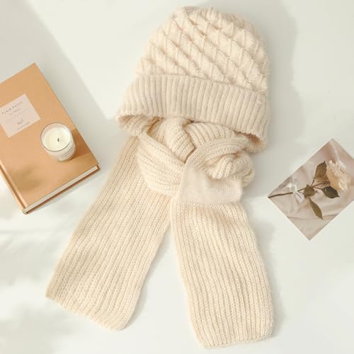 Women Winter Warm Elastic Soft Ear Protection Knitted Scarf Hat Fleece Lined Beanie Hat - color: Beige