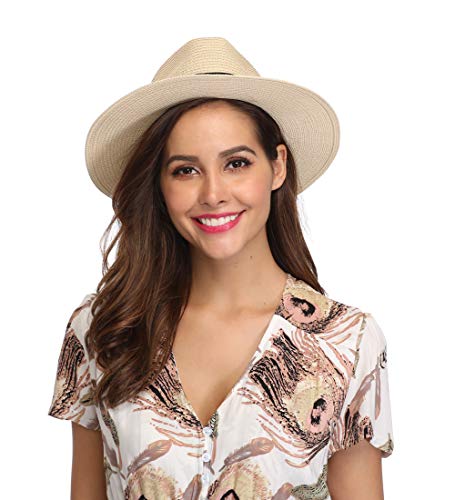 Lanzom Women Wide Brim Straw Panama Roll up Hat Fedora Beach Sun Hat UPF50+ - color: 01-fold Belt Khaki, size: One Size-Medium