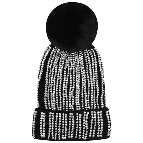 Women Sparkly Sequins Knitted Beanie Hat Warm Winter Skull Cap with Faux Fur Pom Pom - color: Black Rhinestone