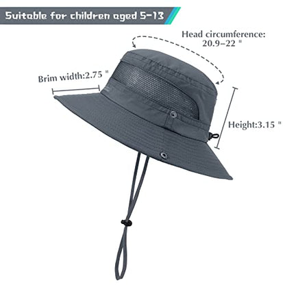 Kids Sun Hat UPF 50+ Safari Bucket Hat for Boys Girls - color: 2 Pack Dark Grey & Army Green, size: Medium