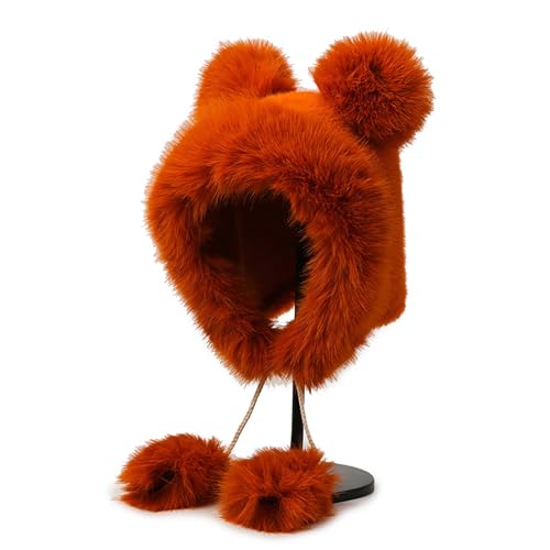 Winter Faux Fur Hat with Ears Flaps Fluffy Bear Beanie Cap Animal Lovers Gift - color: Orange