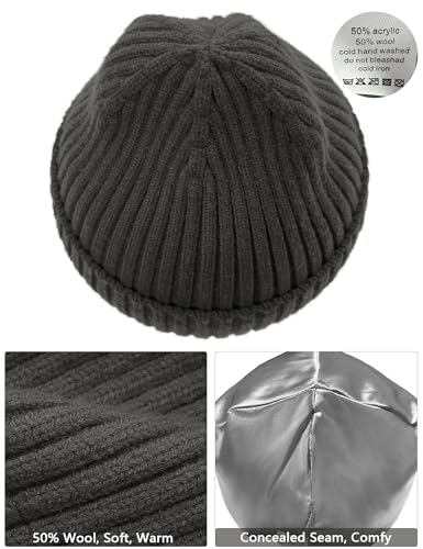 Satin Lined Wool Acrylic Blend Beanie Hat Women Men, Winter Knit Cap - color: Dark Gray