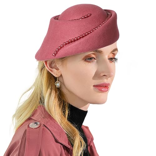 Small Top Hats for Women Elegant Winter Vintage Beret Wool Felt Fedoras Ladies Luxury Wedding and Church Cap Female - color: Rose Red 2