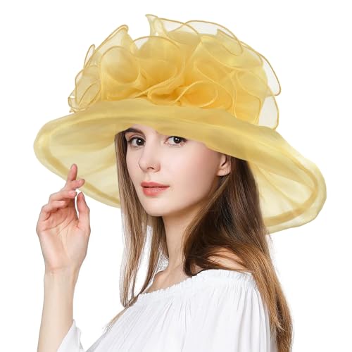 2026 Derby Hats for Women Ladies, Classy Organza Sun Hat, Church Tea Party Wedding Kentucky Fascinator Hat - color: A-4541-yellow