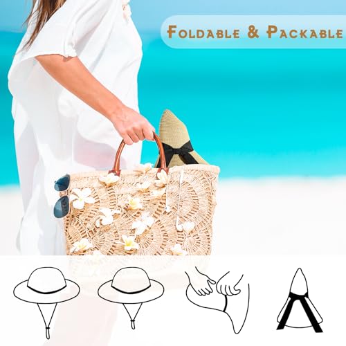 Beach Hat for Women, Wide Brim Sun Straw, UPF 50+ Foldable Floppy Sun Hat - color: B-beige