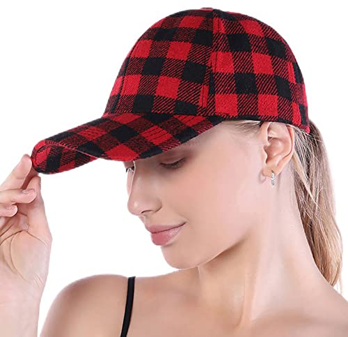 Womens Buffalo-Check Ball-Cap Red-Black-Plaid Baseball-Hat