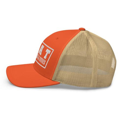 NG Boat Bring Out Ass and Titties Curved Bill Trucker Hat Mid Crown Adjustable Funny Adult Humor Cap - color: Rustic Orange/ Khaki