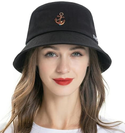ZLYC Cotton Bucket Hat for Women Men Embroidered Packable Summer Sun Cap - color: Anchor Black