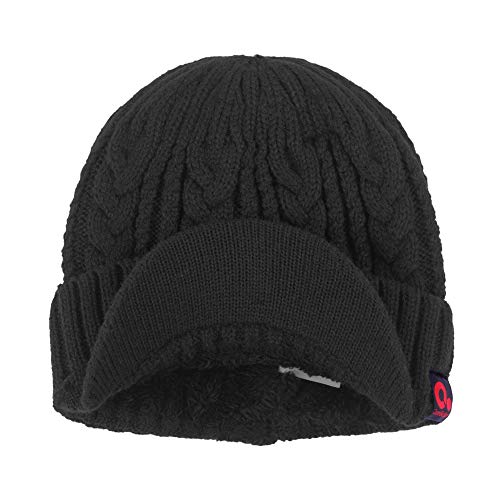 Winter Visor Beanie Brimmed Baseball Cap Fleece Lined Cable Knitted Billed Hat - color: Black