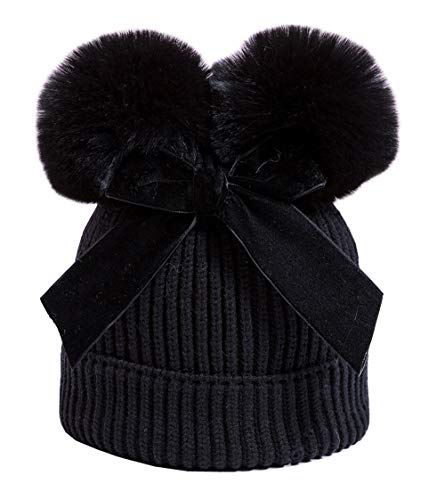 YATEEN Infant Toddler Baby Knitting Woolen Hat Winter Warm Double Pompom Beanie Cap with Bow - color: 2 Pack Black / Pink