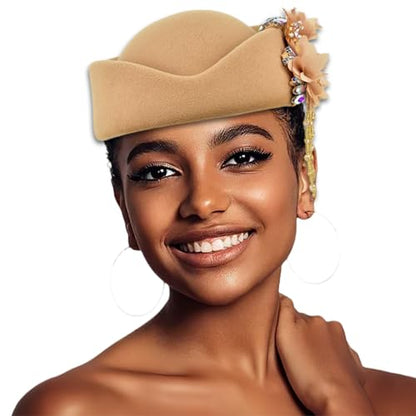 Women's Retro Stewardess Felt Hat, British Berets, Rhinestone Flower Decor, Ladies' Church Derby Hat - color: Tassel Style-khaki