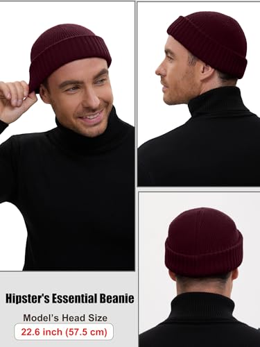 Wool Short Fisherman Beanie for Men Women Double Cuffed Skull Caps - color: 1pcs-wine Red