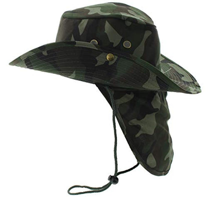 Wide Brim Outdoor Safari Summer Sun Hat with Neck Flap - color: Green Camo Solid, size: X-Large