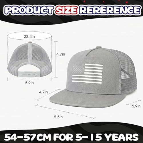 BROMZ Kids Youth American Flag Trucker Hat Flat Bill, Breathable Mesh Back Snapback Baseball Cap for Boys Girls 5-15 Years - color: Gray/White Flag