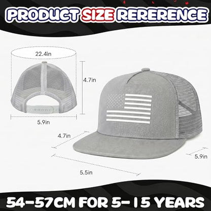 BROMZ Kids Youth American Flag Trucker Hat Flat Bill, Breathable Mesh Back Snapback Baseball Cap for Boys Girls 5-15 Years - color: Gray/White Flag
