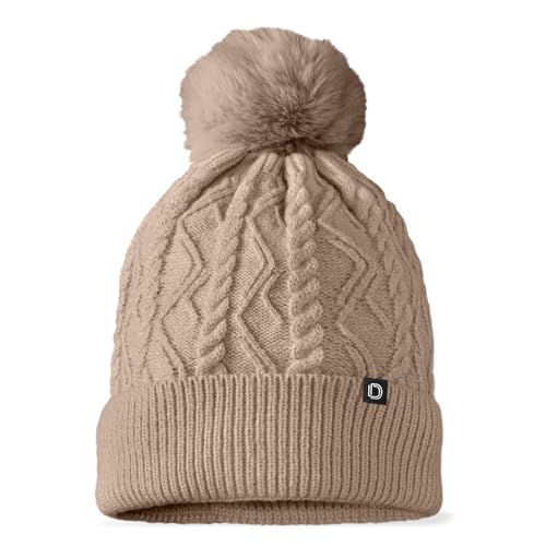 DALIX Cable Knit Pom Beanie Soft Stretch Skully Warm Fuzzy Faux Sherpa Winter Ski Beanie - color: Tan
